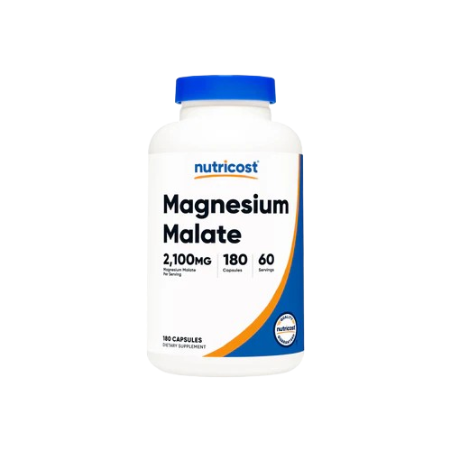 Nutricost Magnesium Malate Capsules bottle with 2100 mg per serving, 180 capsules, 60 servings for energy and muscle.