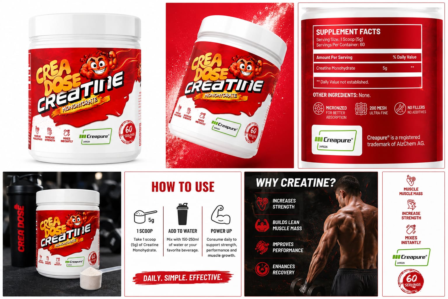 CREADose Creatine Monohydrate Creapure German Made For Athletes Pure Energy And Recovery 60 Servings by right dose supplements