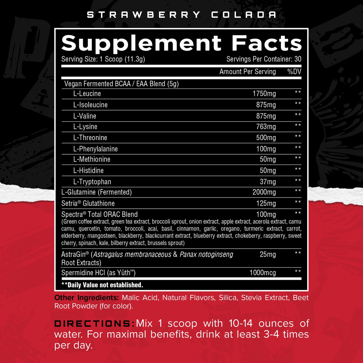 Longevity EAA Strawberry Colada - Supplement Facts القيم الغذائية