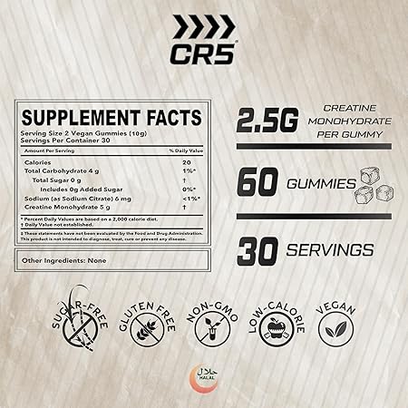 CR5 Creatine Monohydrate Gummies, 5000mg per Serving, 60 Gummies, 30 Servings