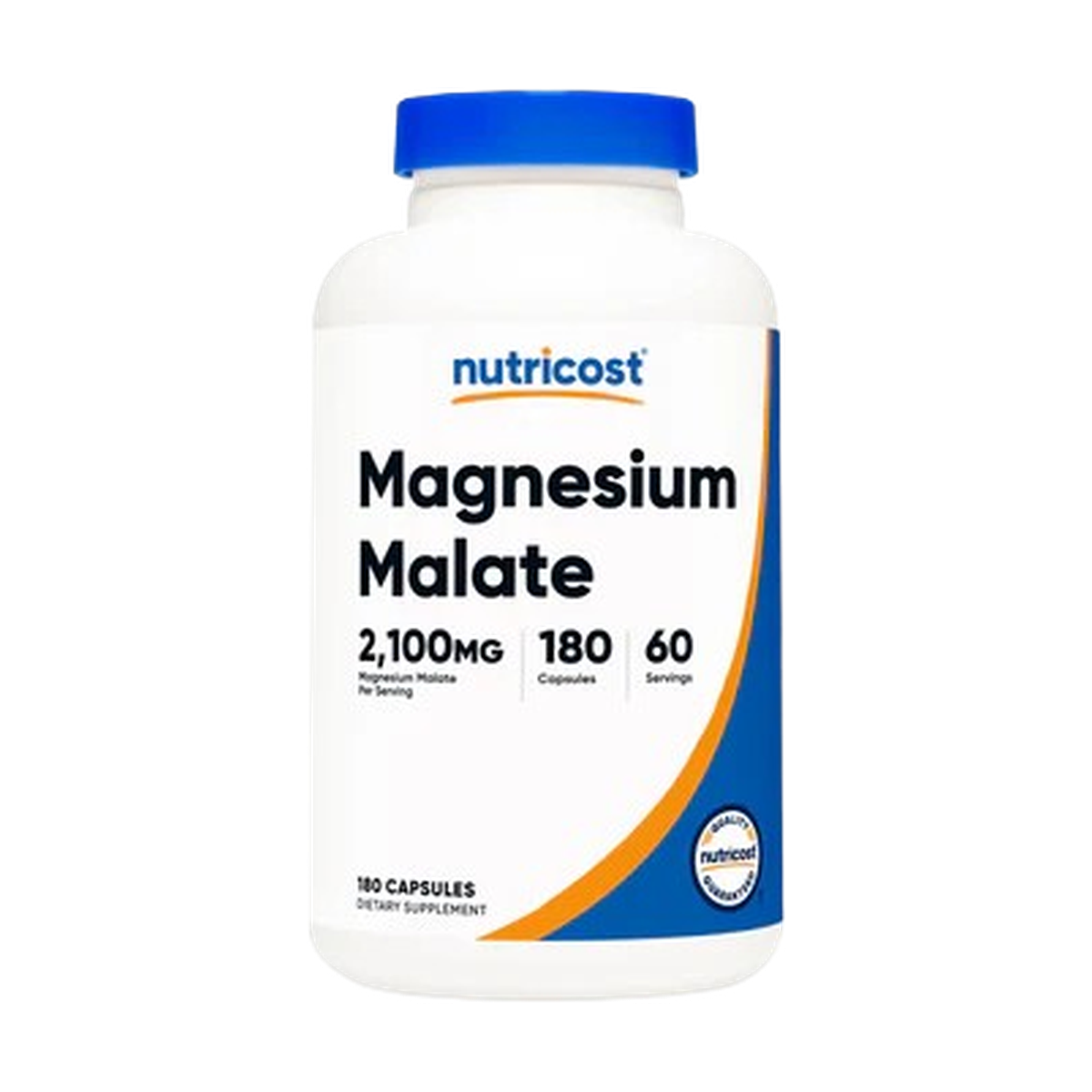 Nutricost Magnesium Malate Capsules bottle with 2100 mg per serving, 180 capsules, 60 servings for energy and muscle.