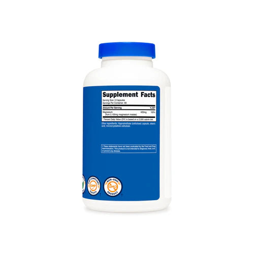 Nutricost Magnesium Malate Capsules bottle, 2100 mg per serving for energy and muscle support.