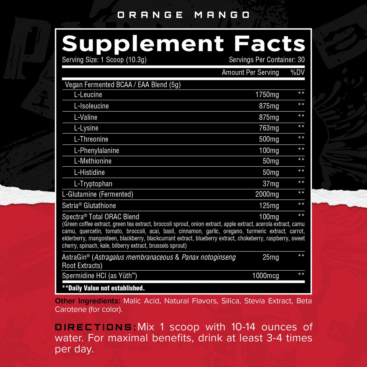 Longevity EAA Orange Mango - Supplement Facts القيم الغذائية