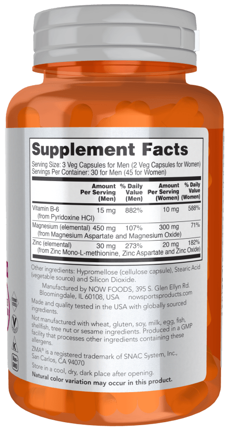 NOW Foods ZMA Veg Capsules Zinc Magnesium Vitamin B6 For Sleep And Recovery - Right Dose supplements